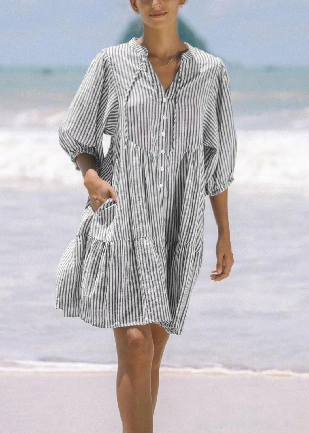 chouyatou Women's Summer V-Neck Casual Striped Midi Shirt Dress Tiered Boho Beach Tunic Babydoll Dress
