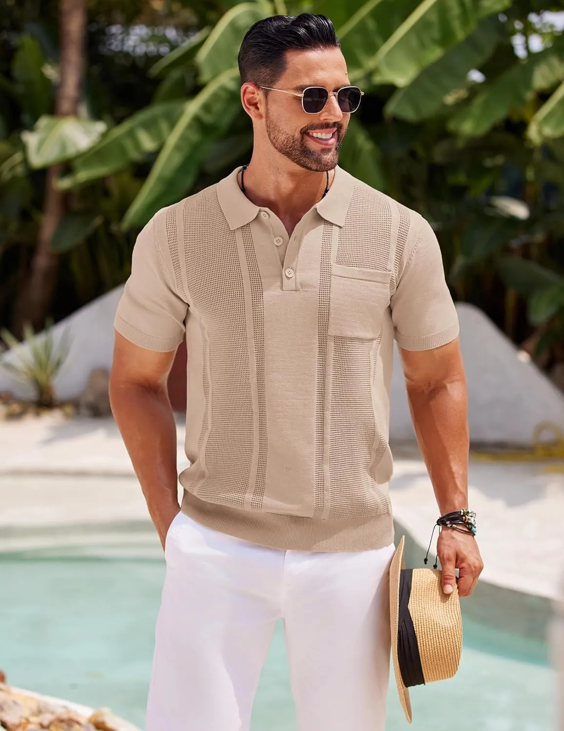 COOFANDY Knit Polo Shirts for Men Short Sleeve Textured Polo Shirt Slim Fit Summer Collared T Shirt with Pocket