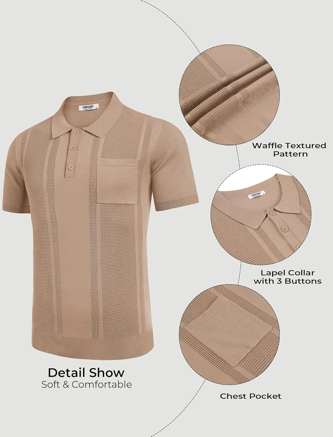 COOFANDY Knit Polo Shirts for Men Short Sleeve Textured Polo Shirt Slim Fit Summer Collared T Shirt with Pocket