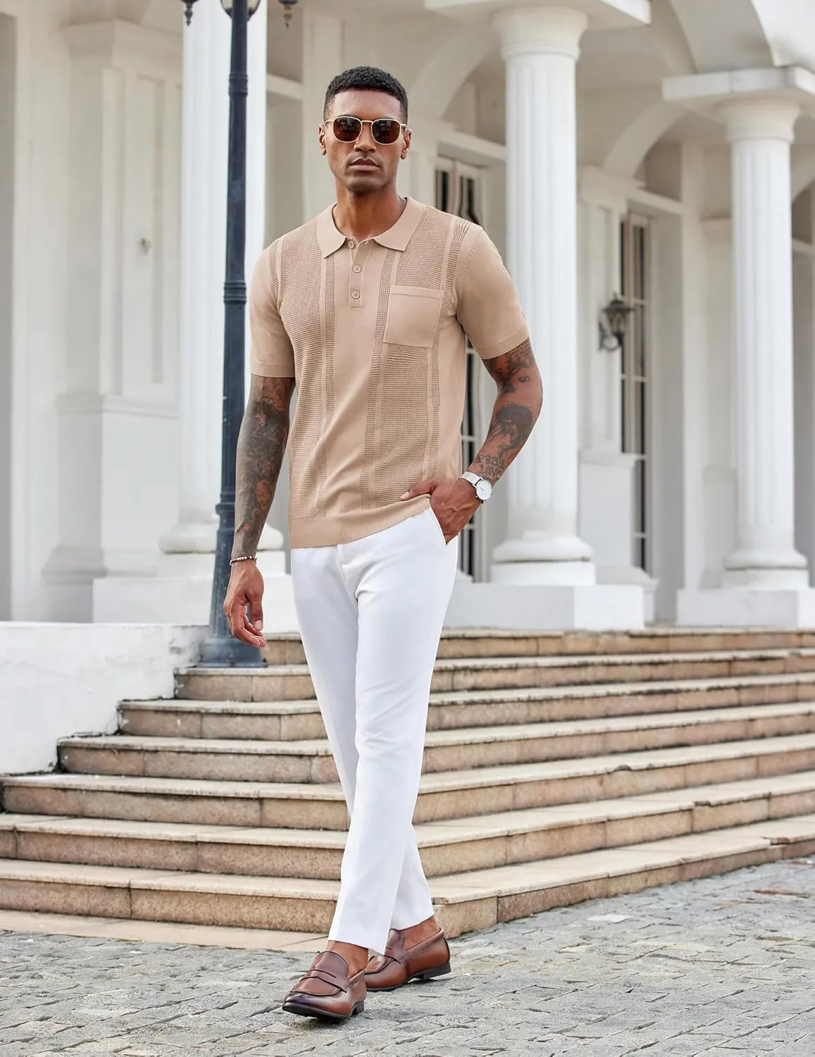 COOFANDY Knit Polo Shirts for Men Short Sleeve Textured Polo Shirt Slim Fit Summer Collared T Shirt with Pocket