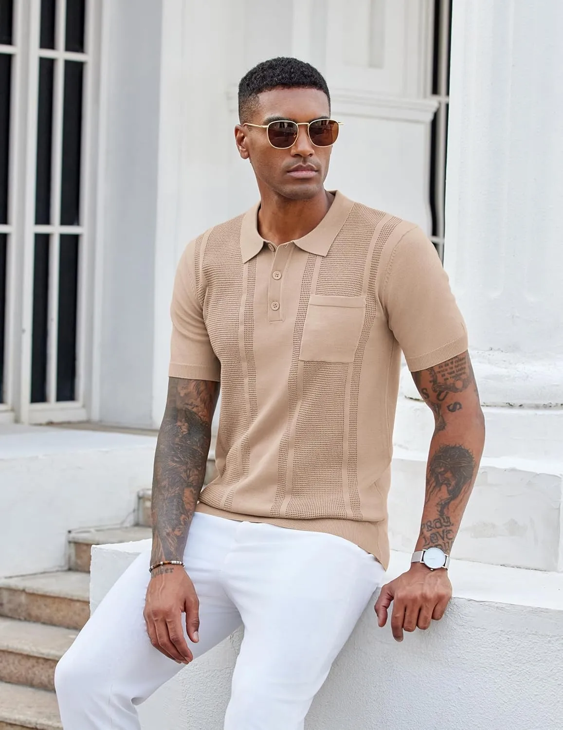 COOFANDY Knit Polo Shirts for Men Short Sleeve Textured Polo Shirt Slim Fit Summer Collared T Shirt with Pocket