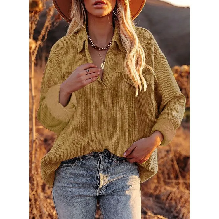 Corduroy lapel top pullover loose solid color shirt jacket
