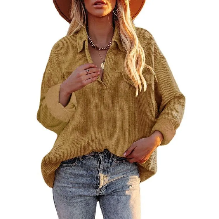Corduroy lapel top pullover loose solid color shirt jacket