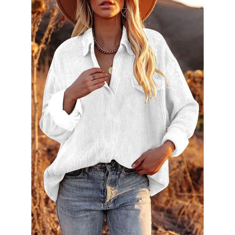 Corduroy lapel top pullover loose solid color shirt jacket