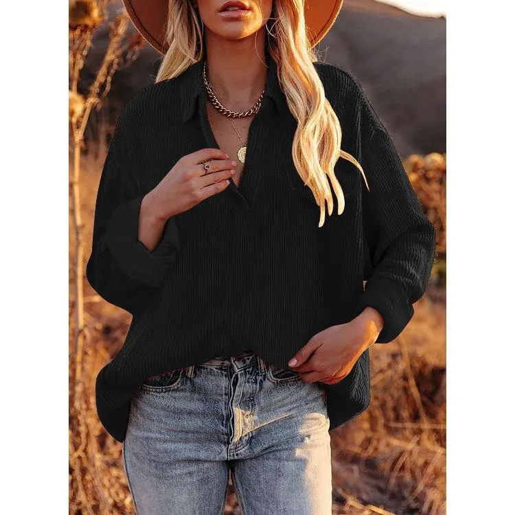 Corduroy lapel top pullover loose solid color shirt jacket