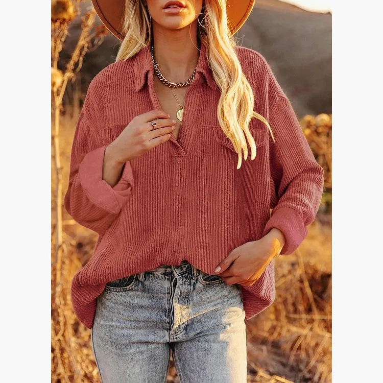 Corduroy lapel top pullover loose solid color shirt jacket