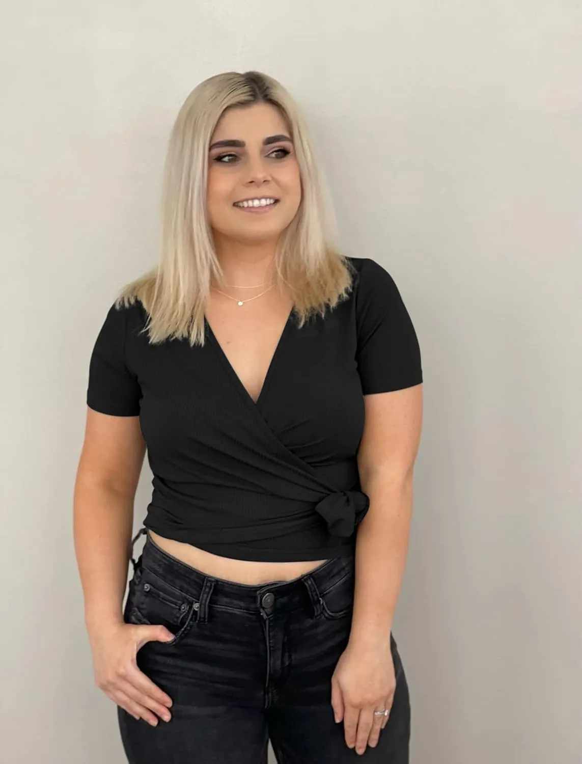 Crop Tops for Women Summer Cute Tops with Deep V Neck Shirts Sexy Unique Cross Wrap Slim Fit Tie Up Front Short Sleeve