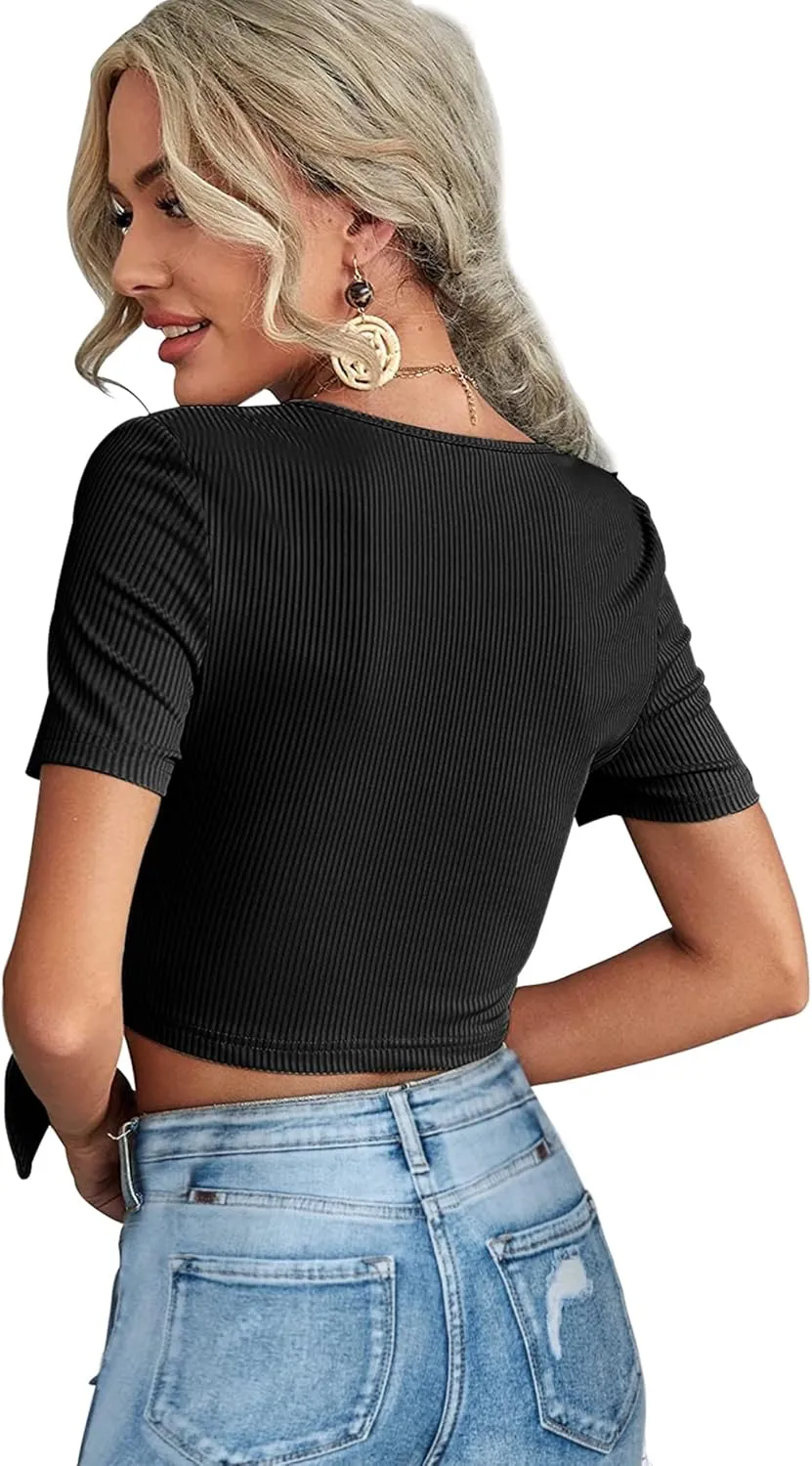 Crop Tops for Women Summer Cute Tops with Deep V Neck Shirts Sexy Unique Cross Wrap Slim Fit Tie Up Front Short Sleeve