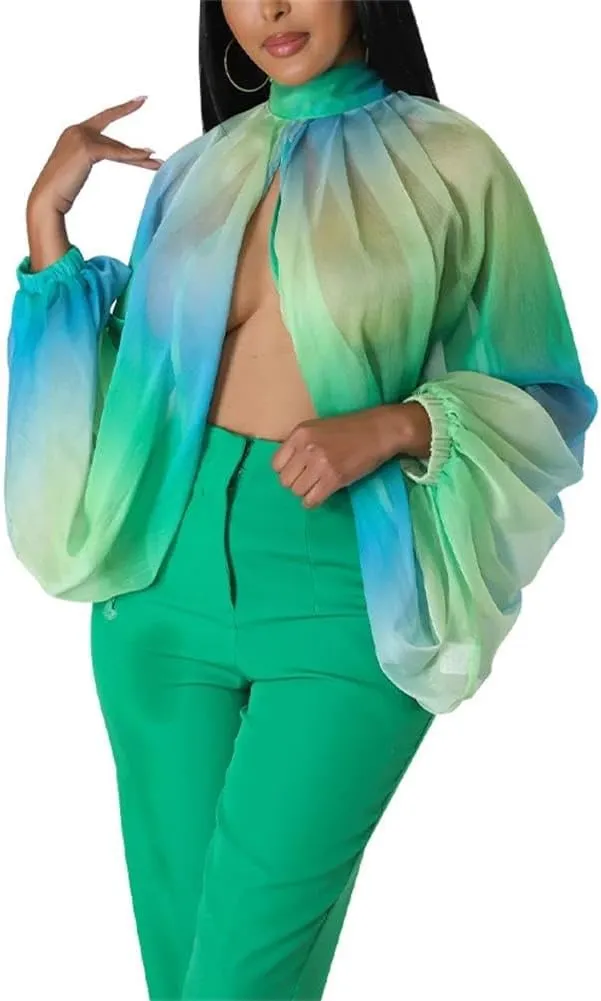 cu4eve Chiffon Blouses for Women Summmer Sexy Open Back Sheer See Through Tie Batwing Sleeve Tops Tunic Shirts