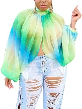 cu4eve Chiffon Blouses for Women Summmer Sexy Open Back Sheer See Through Tie Batwing Sleeve Tops Tunic Shirts