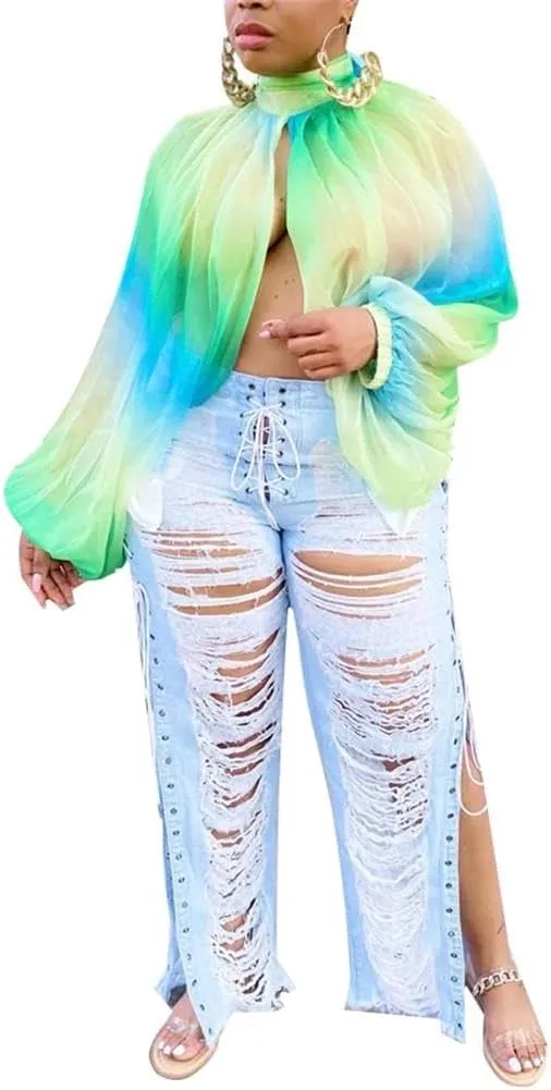 cu4eve Chiffon Blouses for Women Summmer Sexy Open Back Sheer See Through Tie Batwing Sleeve Tops Tunic Shirts