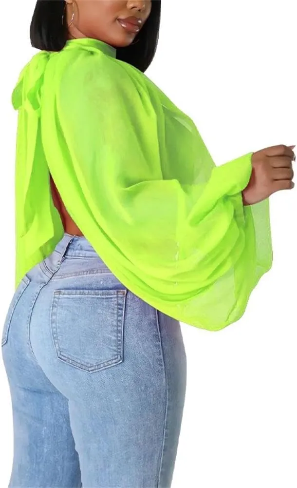 cu4eve Chiffon Blouses for Women Summmer Sexy Open Back Sheer See Through Tie Batwing Sleeve Tops Tunic Shirts