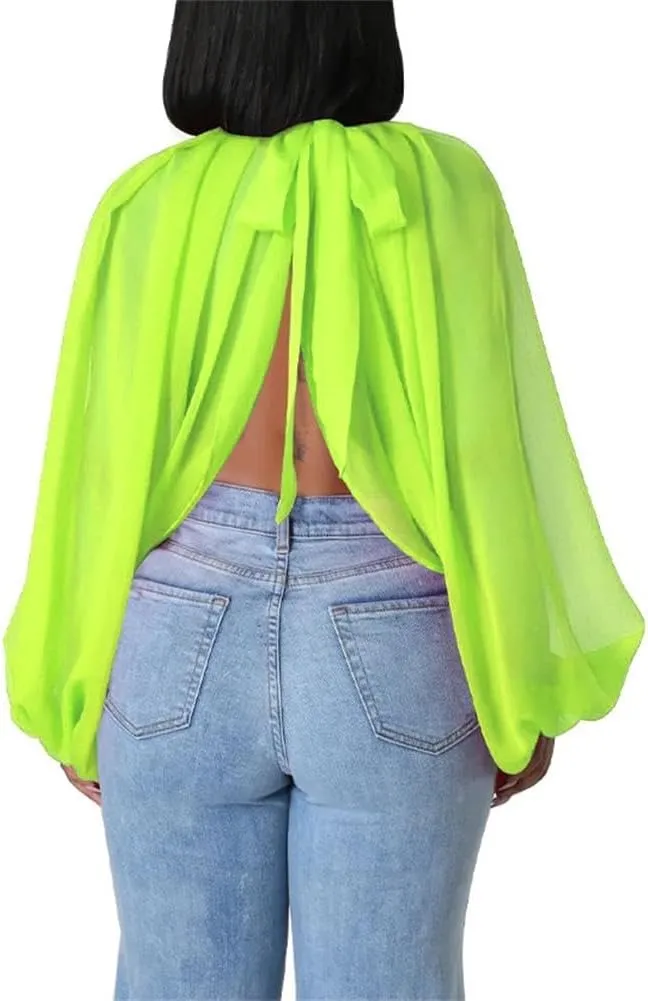 cu4eve Chiffon Blouses for Women Summmer Sexy Open Back Sheer See Through Tie Batwing Sleeve Tops Tunic Shirts