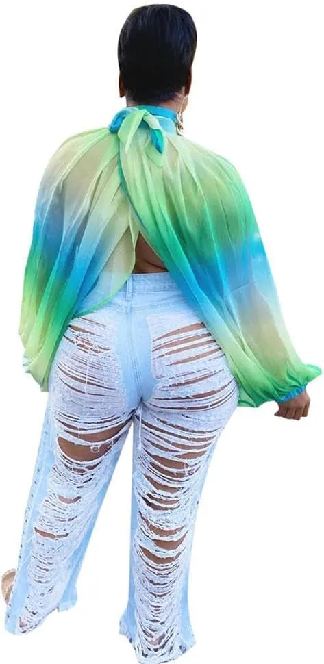 cu4eve Chiffon Blouses for Women Summmer Sexy Open Back Sheer See Through Tie Batwing Sleeve Tops Tunic Shirts