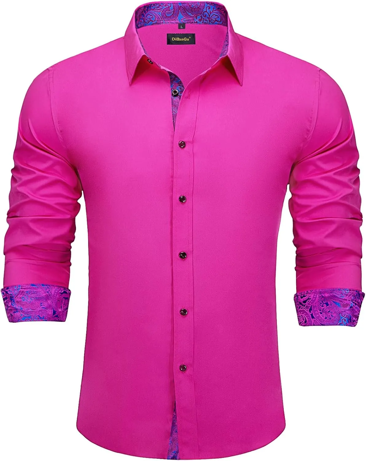 DiBanGu Mens Stretch Dress Shirt Long Sleeve Button Down Shirt Cotton Business Casual Shirts with Inner Contrast Wedding Prom