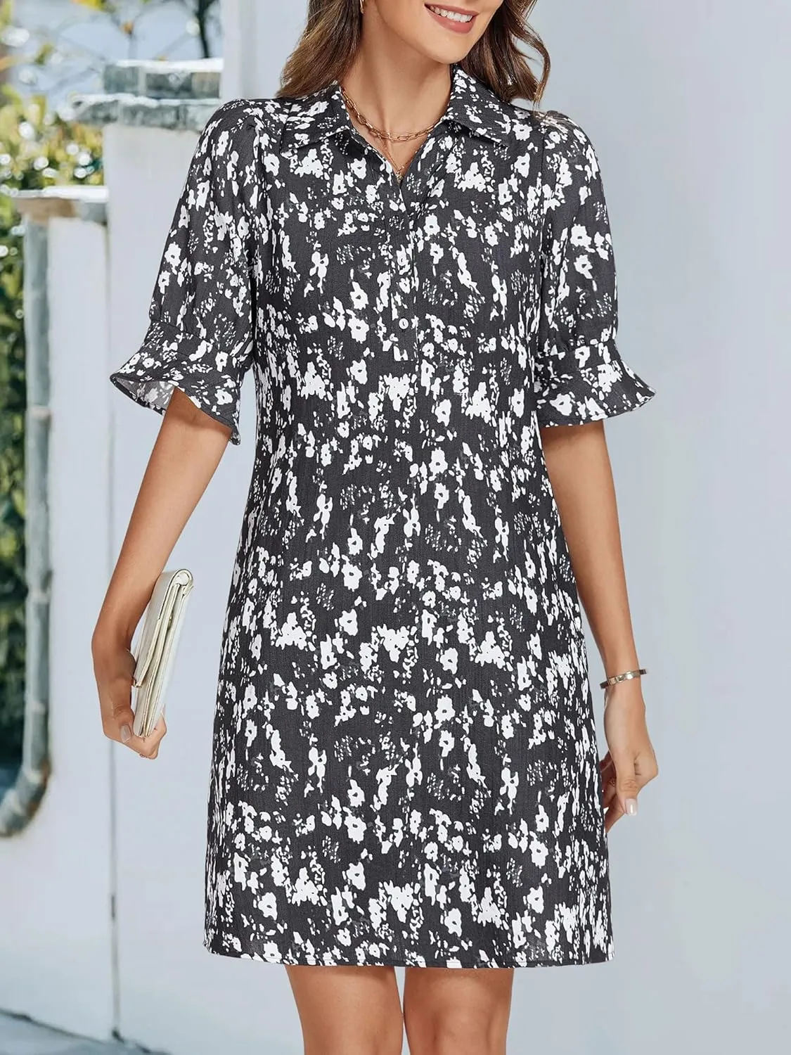 FENSACE Womens Casual Shirt Dress Ruffle Sleeve Solid Color Button Down Shift Summer Dresses with Pockets