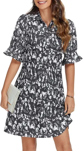 FENSACE Womens Casual Shirt Dress Ruffle Sleeve Solid Color Button Down Shift Summer Dresses with Pockets
