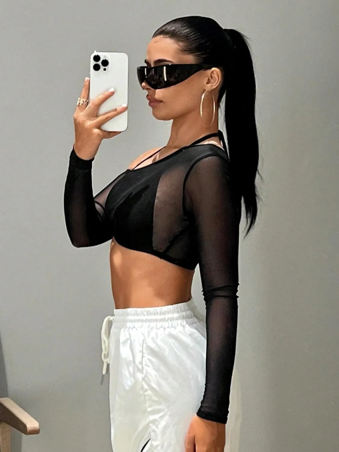 Floerns Women's Asymmetrical Neck Long Sleeve 2 in 1 Sheer Mesh Crop Top