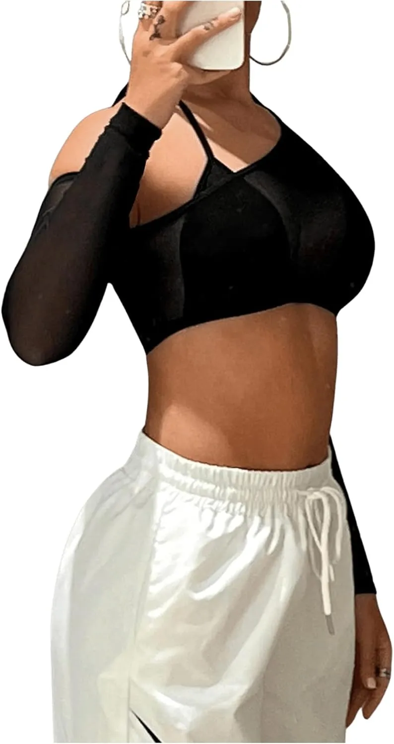 Floerns Women's Asymmetrical Neck Long Sleeve 2 in 1 Sheer Mesh Crop Top