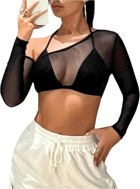 Floerns Women's Asymmetrical Neck Long Sleeve 2 in 1 Sheer Mesh Crop Top