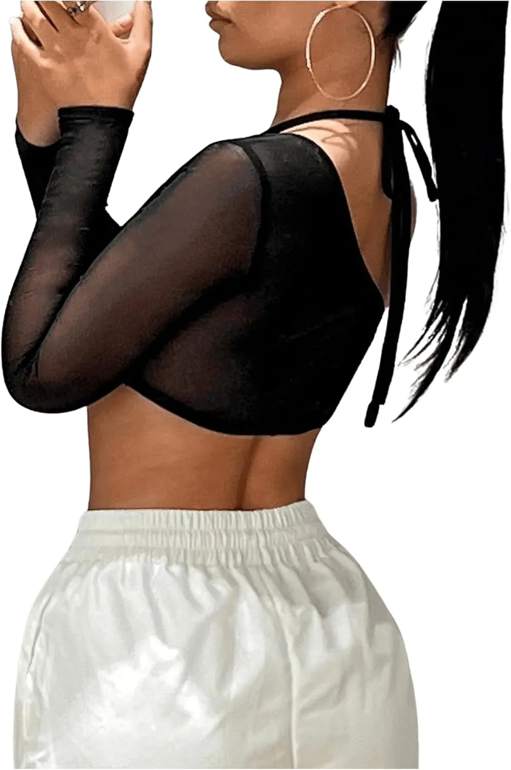 Floerns Women's Asymmetrical Neck Long Sleeve 2 in 1 Sheer Mesh Crop Top