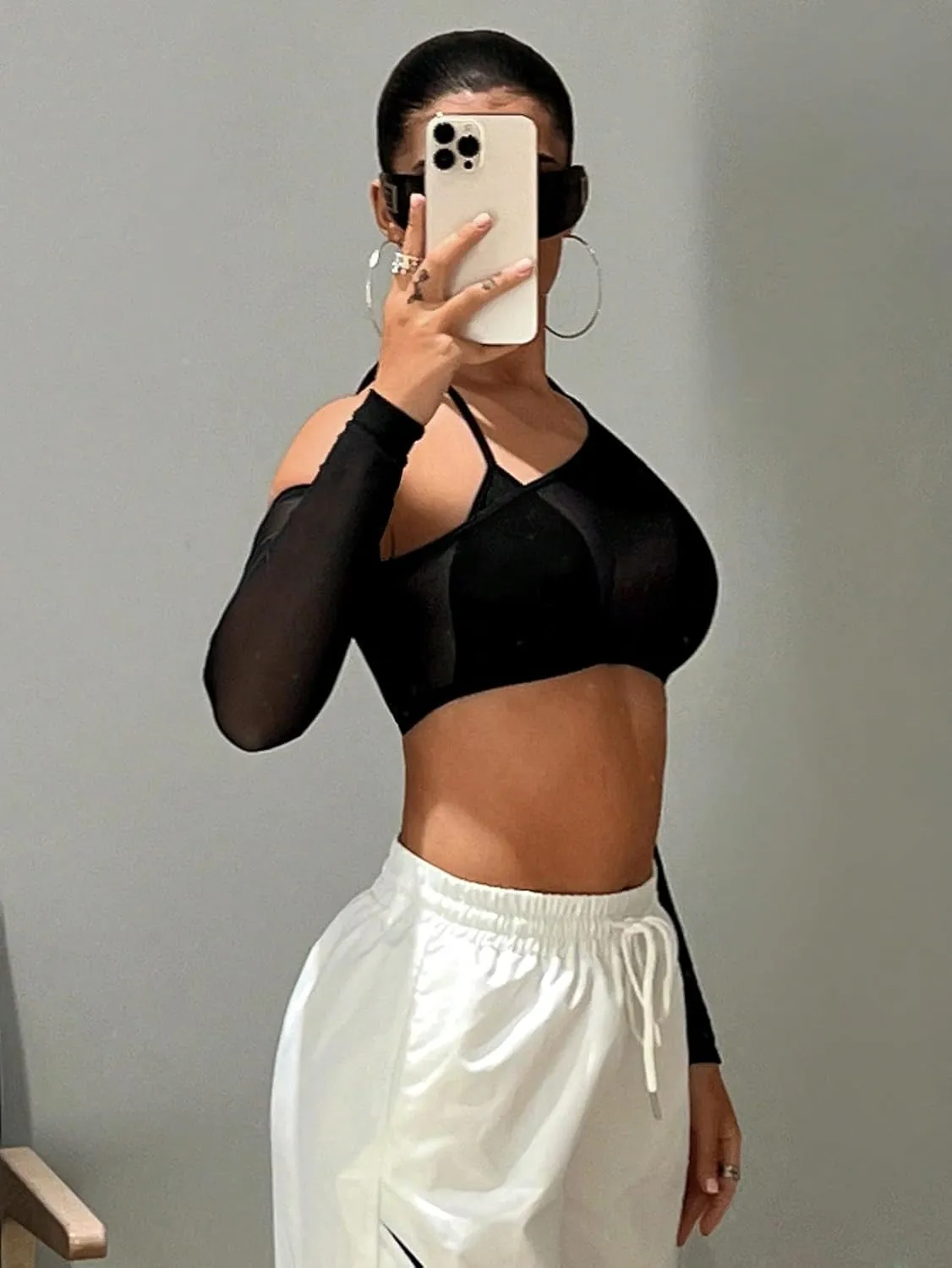 Floerns Women's Asymmetrical Neck Long Sleeve 2 in 1 Sheer Mesh Crop Top