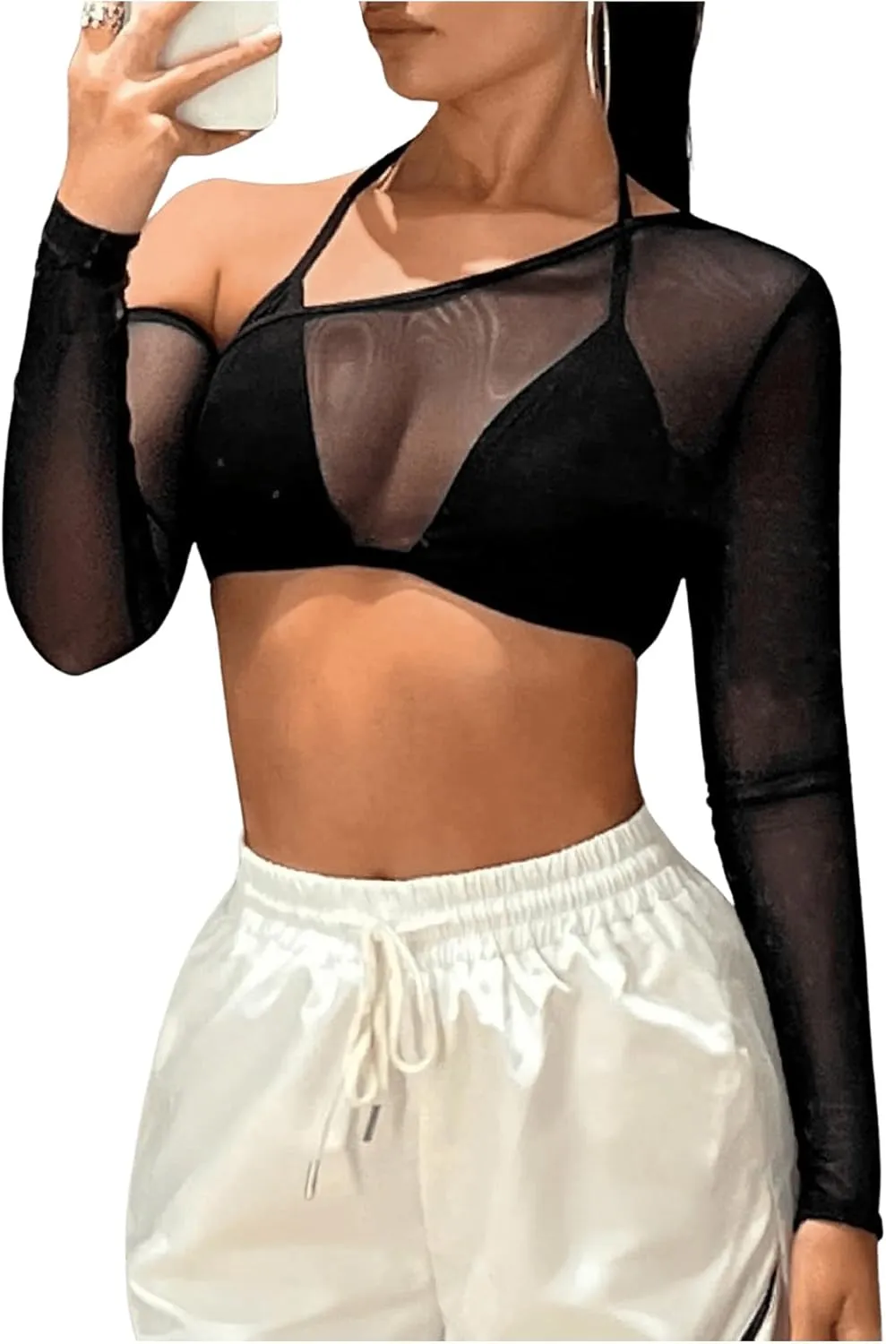 Floerns Women's Asymmetrical Neck Long Sleeve 2 in 1 Sheer Mesh Crop Top