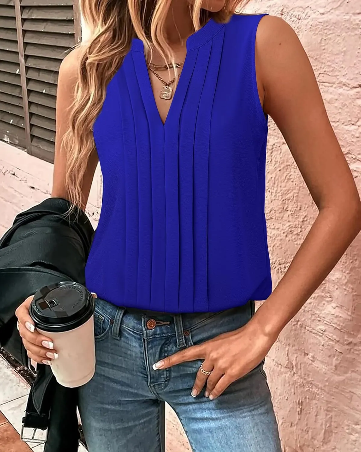 Gaharu Sleeveless Chiffon Tank Tops for Women Dressy V Neck Blouses Work Pleated Shirt