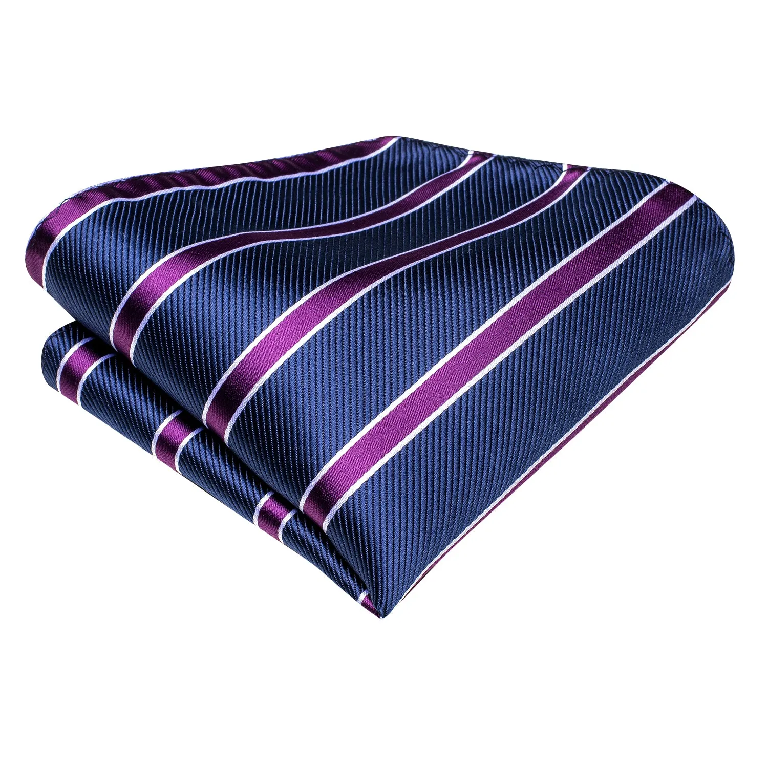 Hi-Tie Blue Purple Striped Silk Necktie Pocket Square Cufflinks Set