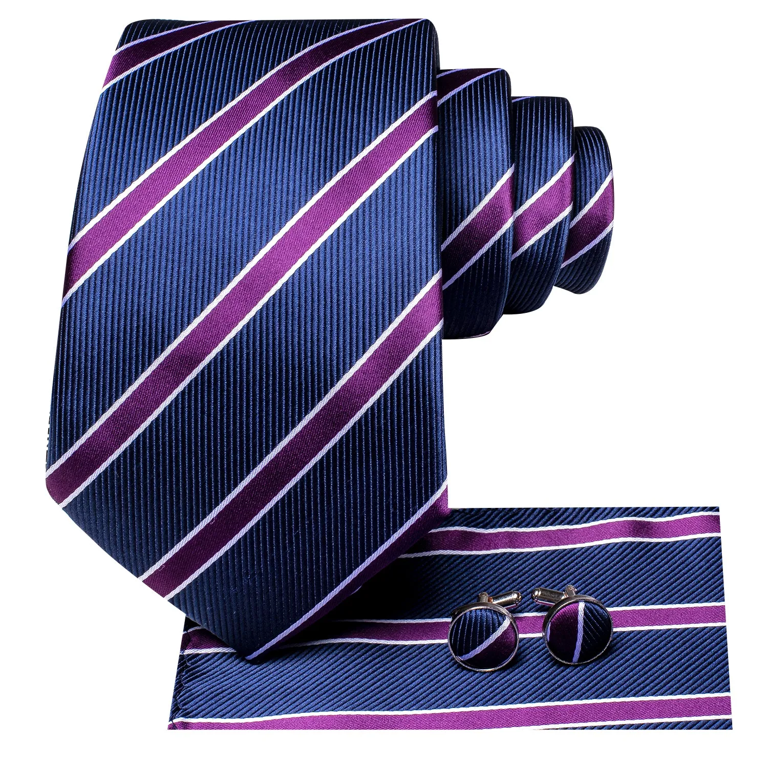 Hi-Tie Blue Purple Striped Silk Necktie Pocket Square Cufflinks Set