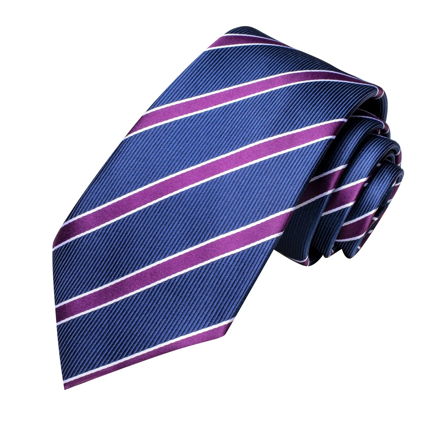 Hi-Tie Blue Purple Striped Silk Necktie Pocket Square Cufflinks Set