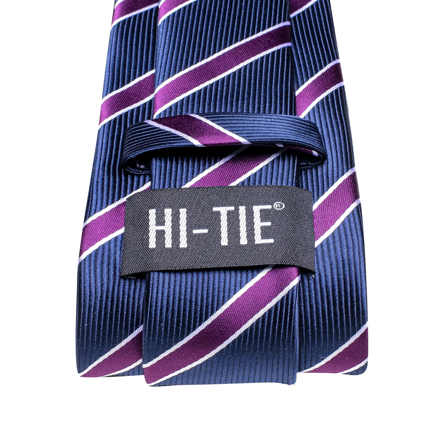 Hi-Tie Blue Purple Striped Silk Necktie Pocket Square Cufflinks Set