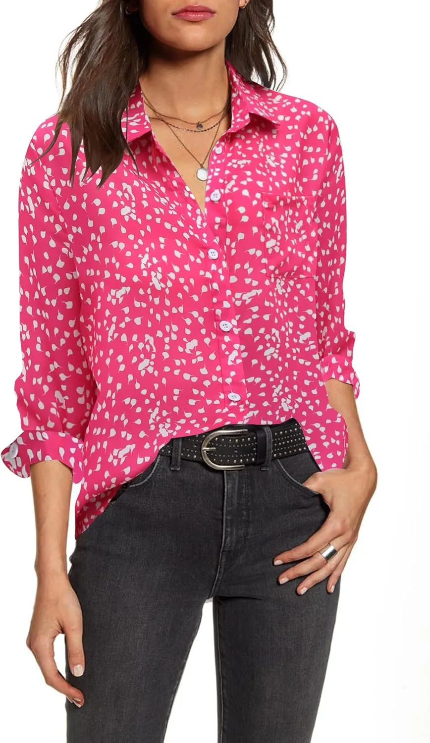 HOTOUCH Women Button Down Shirts with Pockets Long Sleeve Office Blouses Casual Business Tops Slim Fit Chiffon Shirts S-XXL
