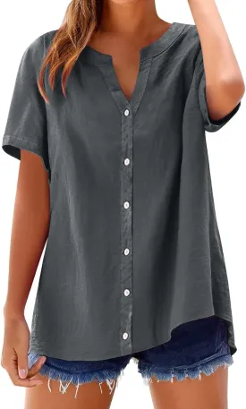 Linen Shirts for Women Solid Color Sleeve Collar Casual Women's Shirt Women's V Neck Button Down Blouse