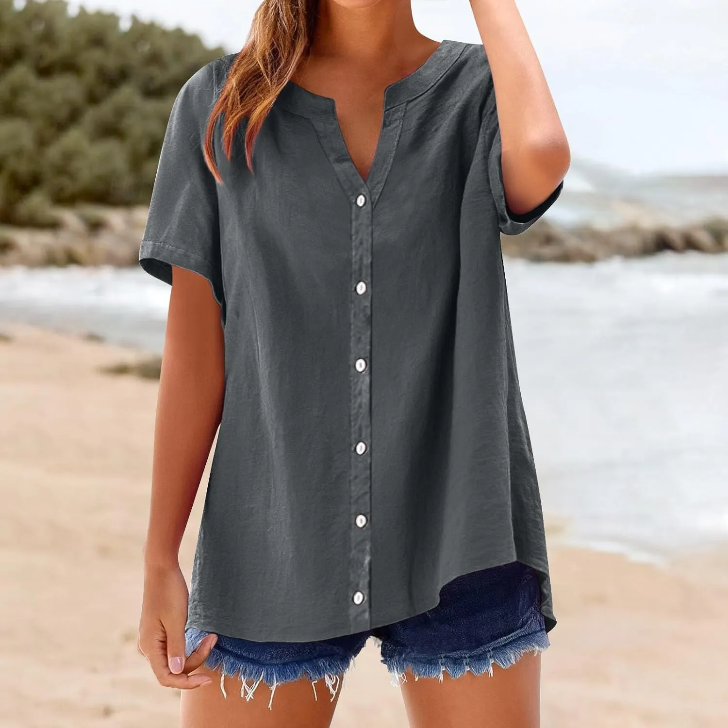 Linen Shirts for Women Solid Color Sleeve Collar Casual Women's Shirt Women's V Neck Button Down Blouse