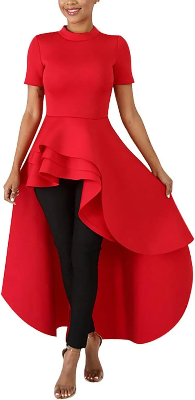 Lrady Womens Casual Shirt Dress High Low Irregular Ruffle Hem Blouse Asymmetrical Peplum Long Tunic Tops