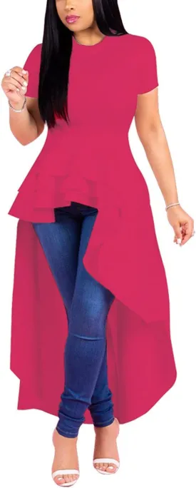 Lrady Womens Casual Shirt Dress High Low Irregular Ruffle Hem Blouse Asymmetrical Peplum Long Tunic Tops