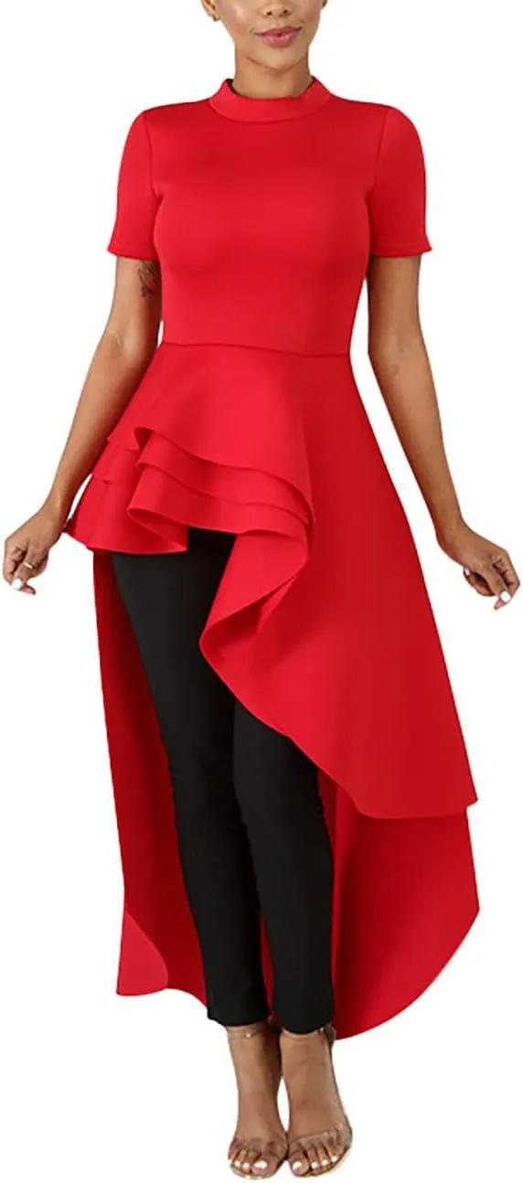 Lrady Womens Casual Shirt Dress High Low Irregular Ruffle Hem Blouse Asymmetrical Peplum Long Tunic Tops