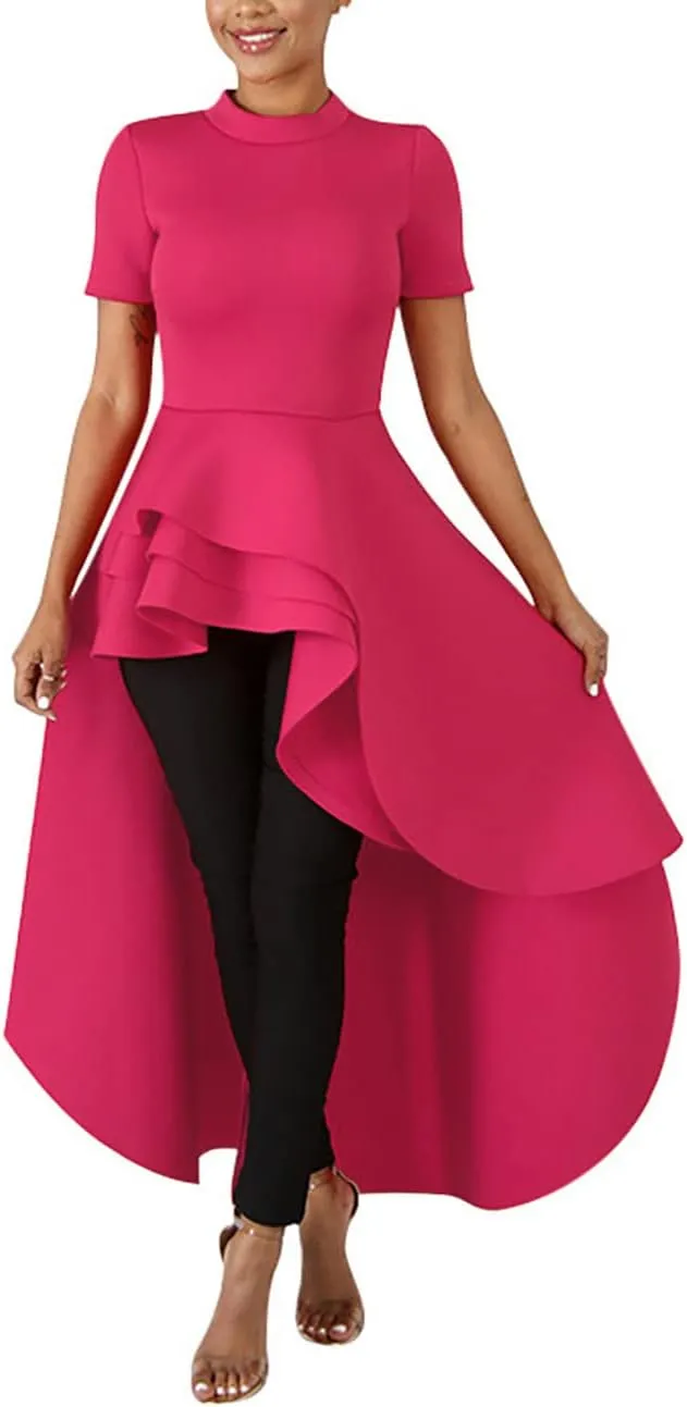 Lrady Womens Casual Shirt Dress High Low Irregular Ruffle Hem Blouse Asymmetrical Peplum Long Tunic Tops