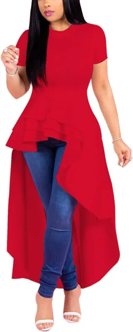 Lrady Womens Casual Shirt Dress High Low Irregular Ruffle Hem Blouse Asymmetrical Peplum Long Tunic Tops