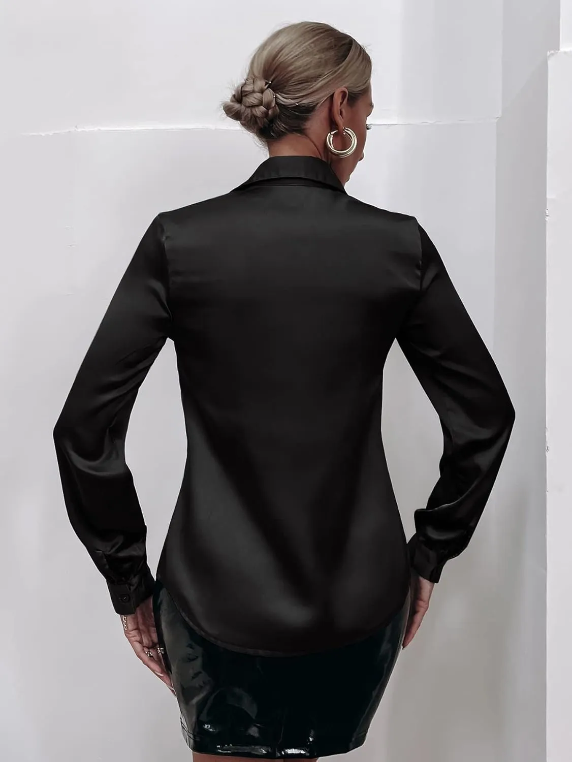 MakeMeChic Women's Satin Silk Long Sleeve Blouse Button Down Shirt Casual Top