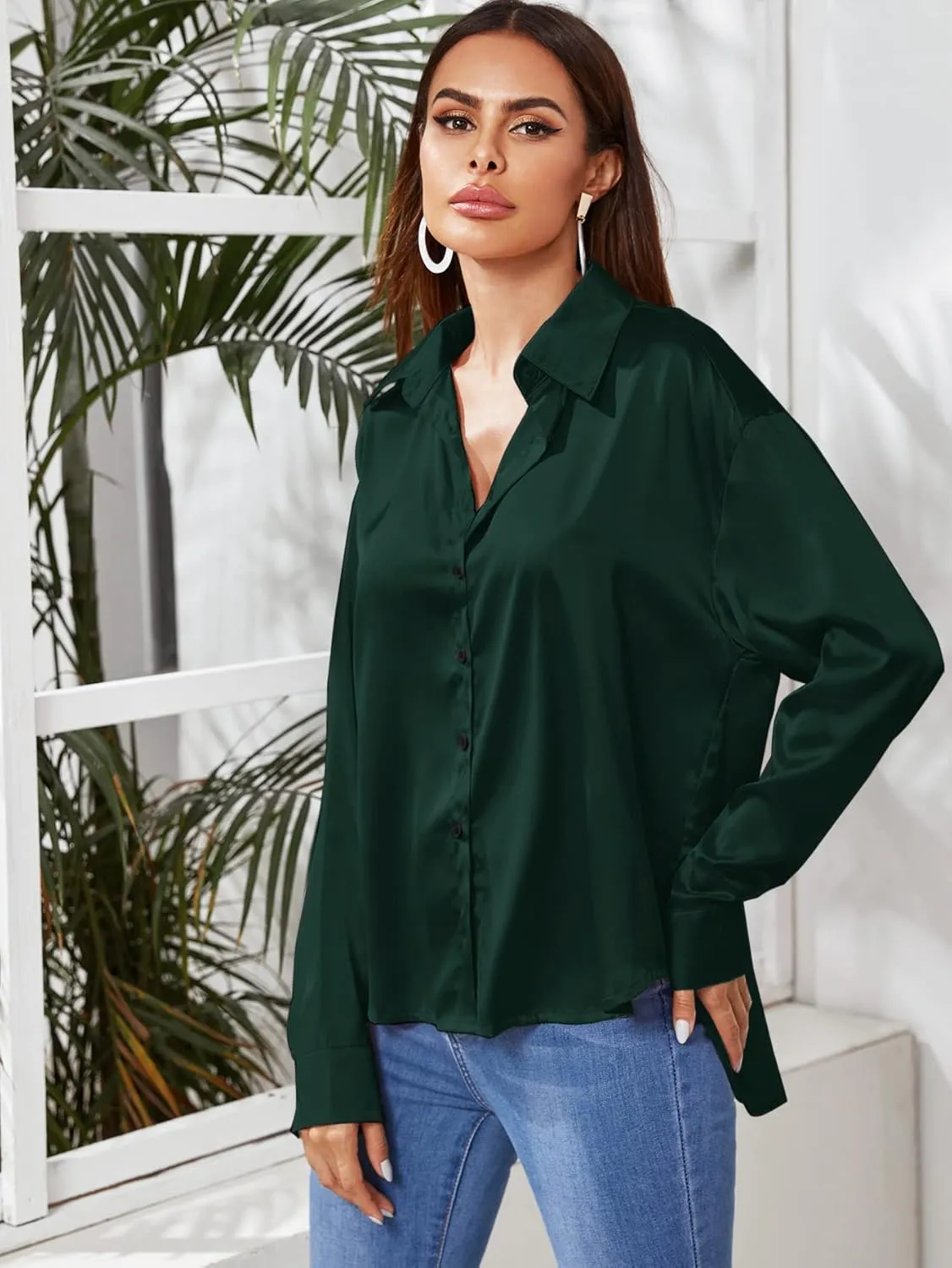 MakeMeChic Women's Satin Silk Long Sleeve Blouse Button Down Shirt Casual Top