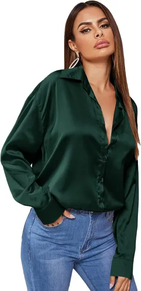 MakeMeChic Women's Satin Silk Long Sleeve Blouse Button Down Shirt Casual Top