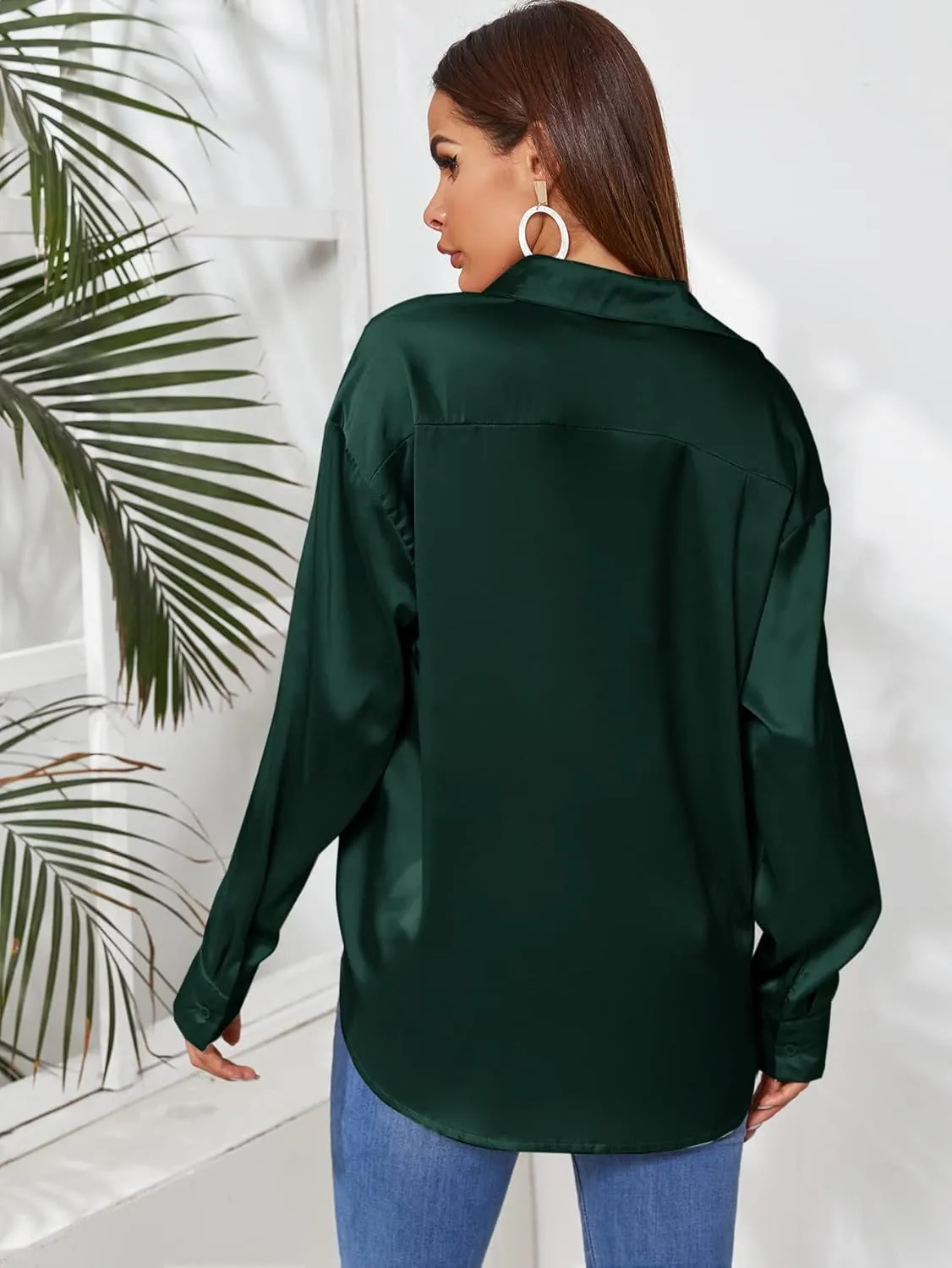 MakeMeChic Women's Satin Silk Long Sleeve Blouse Button Down Shirt Casual Top