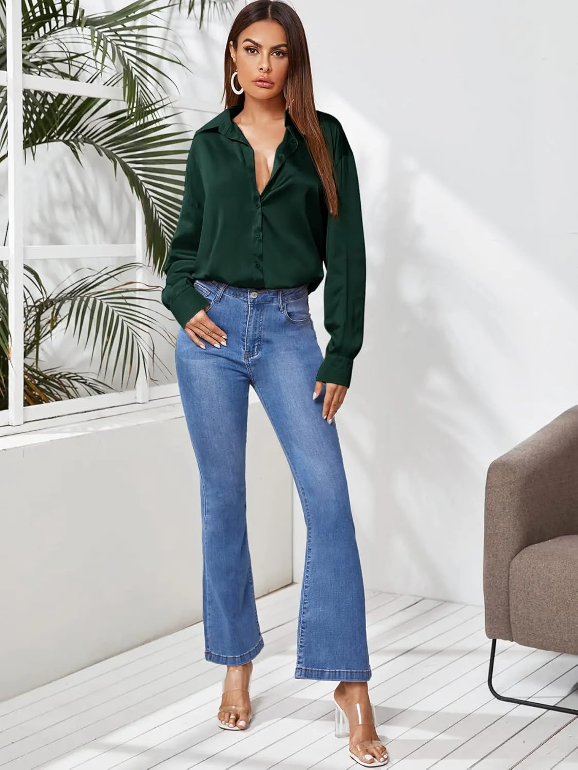 MakeMeChic Women's Satin Silk Long Sleeve Blouse Button Down Shirt Casual Top