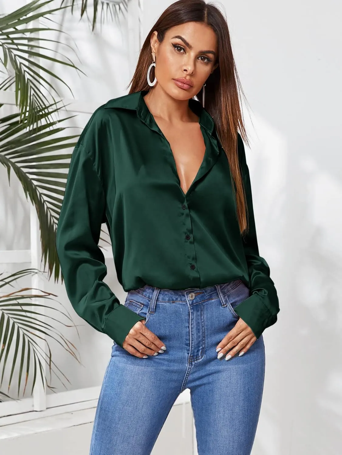 MakeMeChic Women's Satin Silk Long Sleeve Blouse Button Down Shirt Casual Top