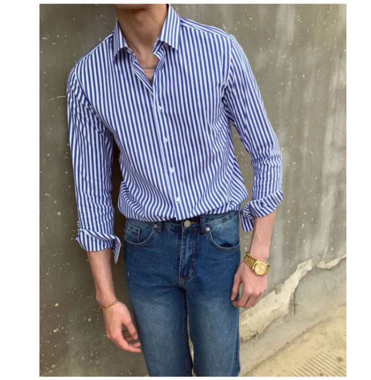 Men's Business Retro Slim Striped Long Sleeve Lapel Shirt