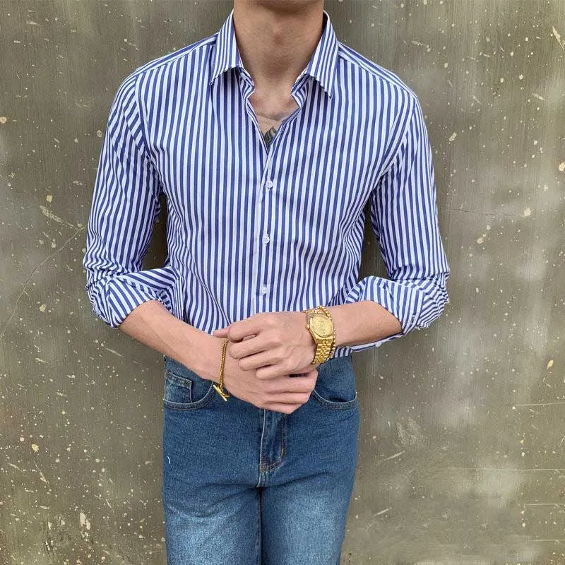 Men's Business Retro Slim Striped Long Sleeve Lapel Shirt