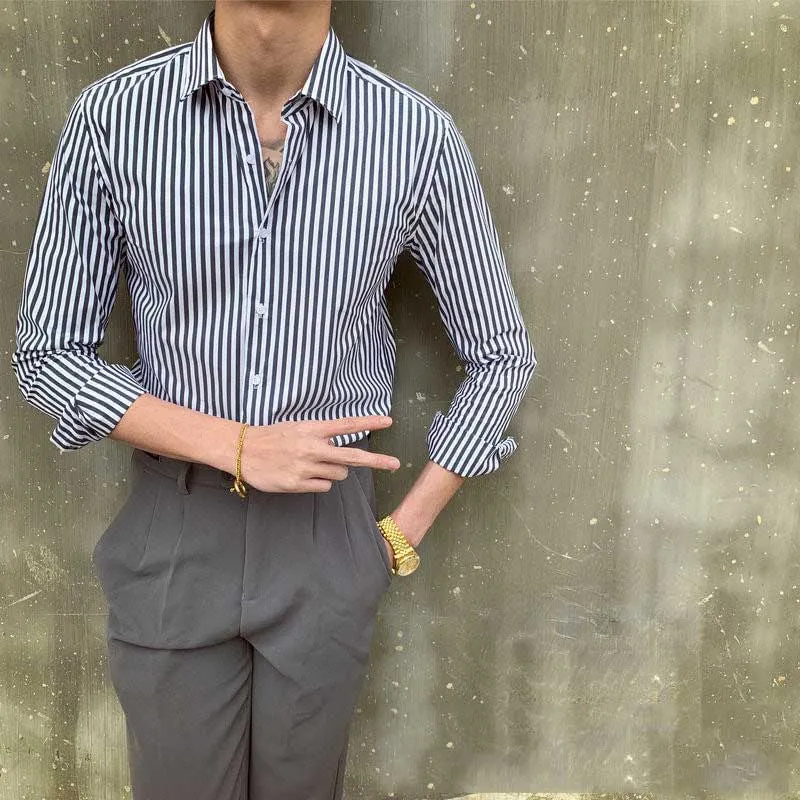 Men's Business Retro Slim Striped Long Sleeve Lapel Shirt