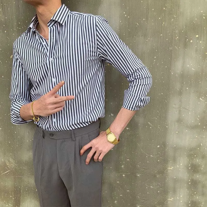 Men's Business Retro Slim Striped Long Sleeve Lapel Shirt